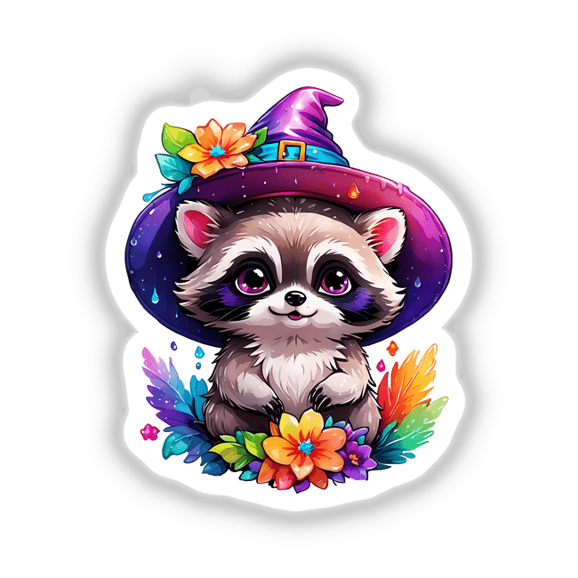 Tiny raccoon Witch cartoon, featuring a raccoon in a hat holding a flower, available as stickers or digital artwork.