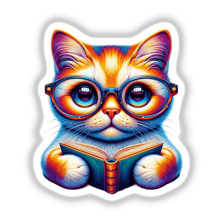 Cat With Reading Glasses Open Book: A whimsical depiction of a cat wearing glasses intently reading a book, available as stickers or digital artwork from Decal Venue.