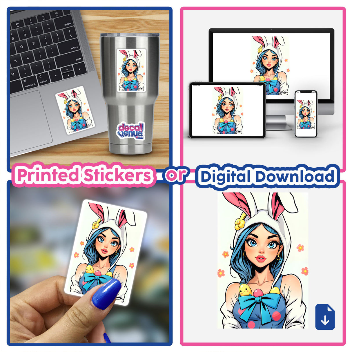 a girl with bunny ears on her head is holding up a digital sticker