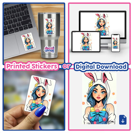a girl with bunny ears on her head is holding up a digital sticker