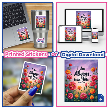 Fauvist Spring Marigold “I Am Always With You” Matthew 28:20 Sticker on a laptop, showcasing vibrant floral design, available as stickers or digital artwork with commercial rights.