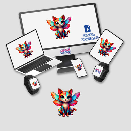 A Cute Geometric Fairy Cat displayed on a computer monitor and laptop, showcasing as digital artwork. This whimsical cat design is available as stickers or digital art from Decal Venue.