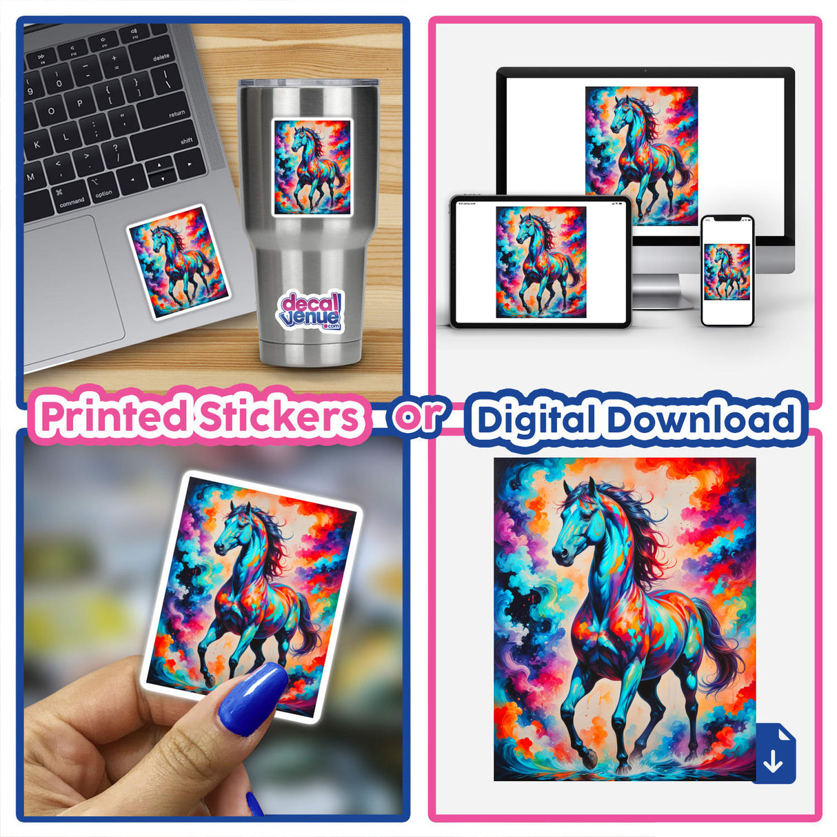 Collage featuring A Beautiful Magical Horse as stickers and digital artwork, showcasing vibrant equine imagery on various devices, embodying Decal Venue's unique vinyl art and digital offerings.
