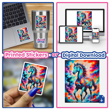 Collage featuring A Beautiful Magical Horse as stickers and digital artwork, showcasing vibrant equine imagery on various devices, embodying Decal Venue's unique vinyl art and digital offerings.