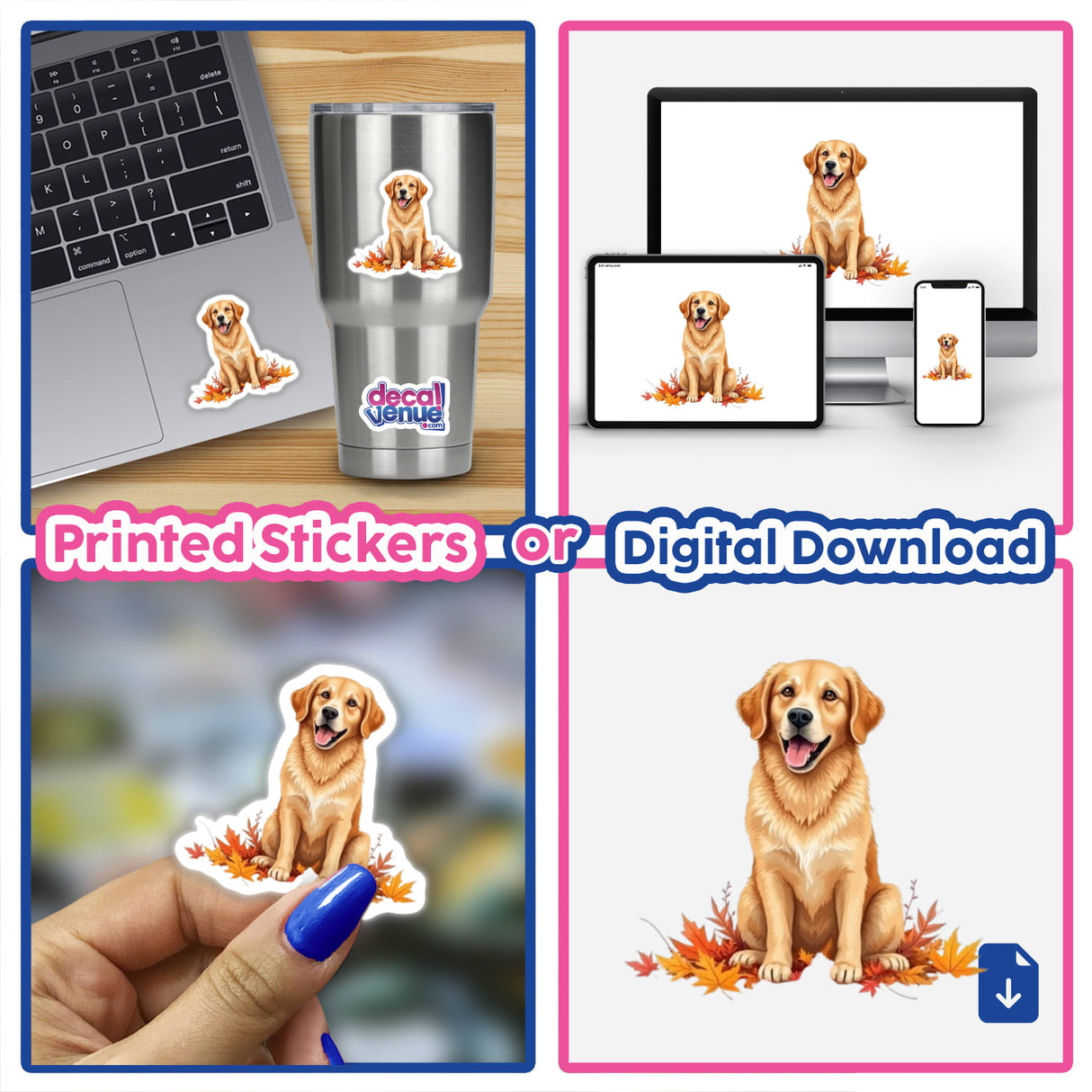 Charming Golden Retriever Clipart - Autumn Leaves Design depicted on a laptop and cup as stickers, featuring a collage with a laptop adorned by a dog sticker, available for stickers or commercial use download.
