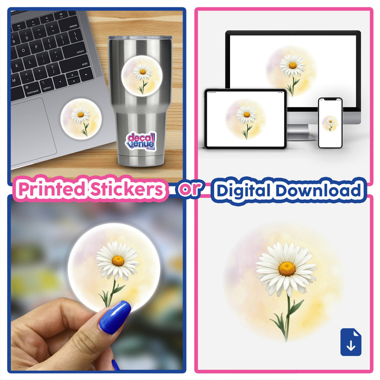 Daisy Bloom Watercolor Sticker for Journaling - Collage of close-up flower images and a laptop adorned with a flower sticker. Available as stickers or digital artwork.