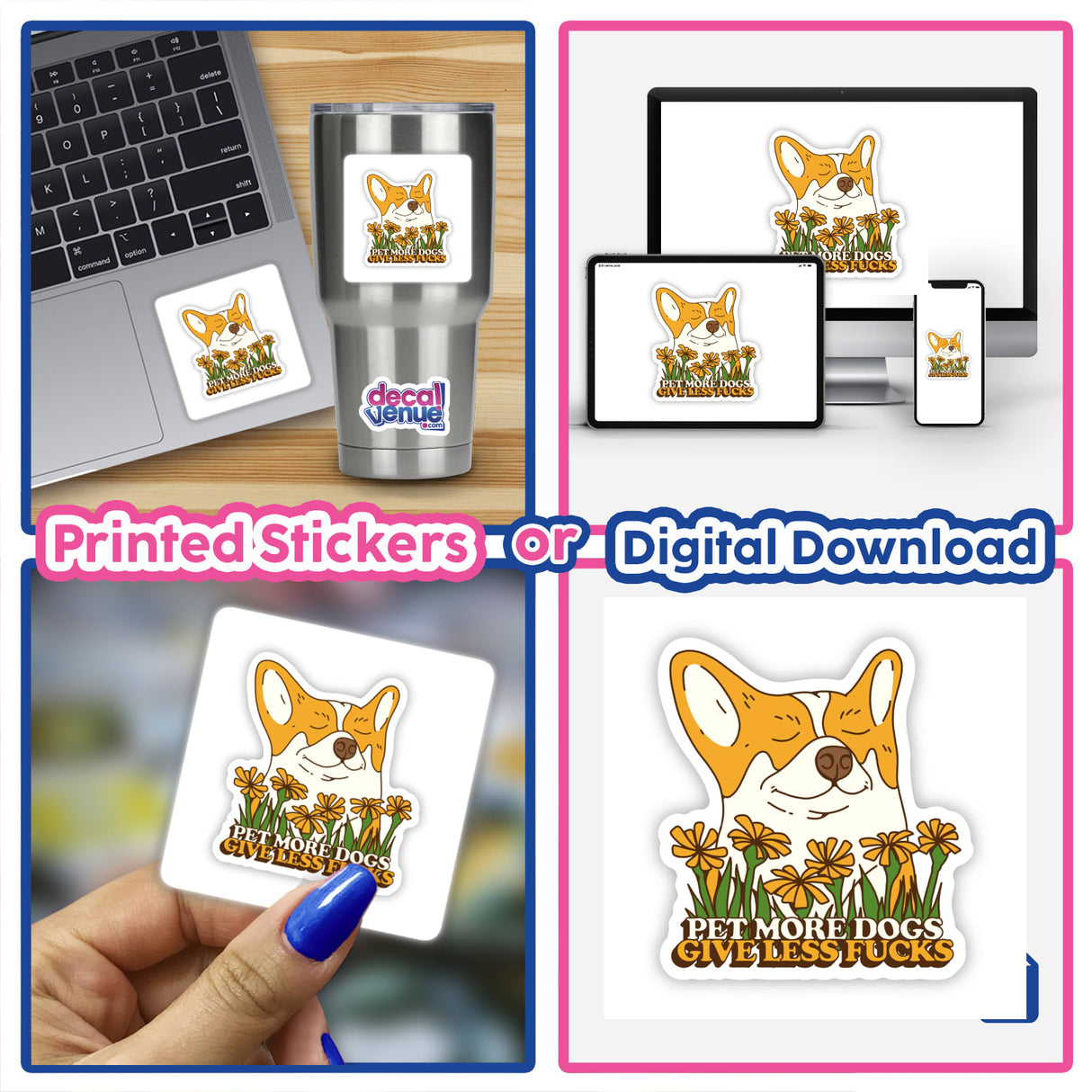 Sticker collection featuring Pet More Dogs Give Less Fu**s design, showcasing dogs and floral elements. Ideal as unique vinyl stickers or digital artwork, emphasizing playful pet-themed motifs.