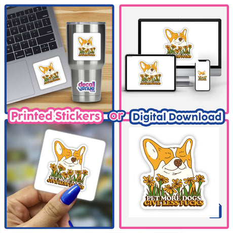 Sticker collection featuring Pet More Dogs Give Less Fu**s design, showcasing dogs and floral elements. Ideal as unique vinyl stickers or digital artwork, emphasizing playful pet-themed motifs.
