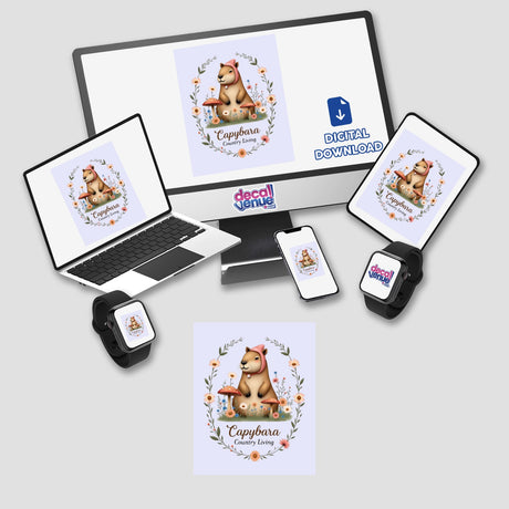 Capybara Country Living Sticker or Clipart with Commercial Rights features a cute capybara amidst nature on a computer monitor and laptop, ideal for unique digital art or vinyl sticker fans.
