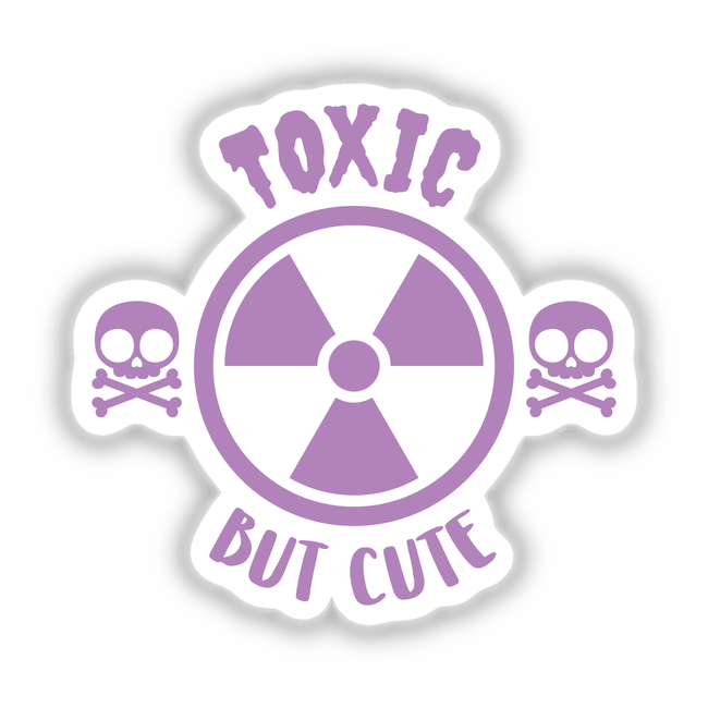 Toxic But Cute Warning Sign displayed as a sticker, featuring a purple and white logo with a prominent X shape, encapsulating playful yet edgy design elements.