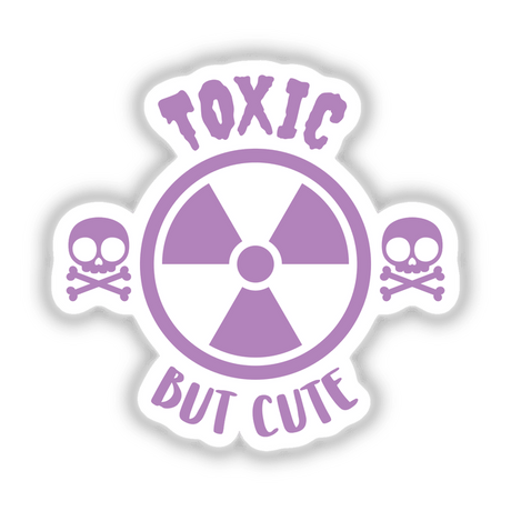 Toxic But Cute Warning Sign displayed as a sticker, featuring a purple and white logo with a prominent X shape, encapsulating playful yet edgy design elements.