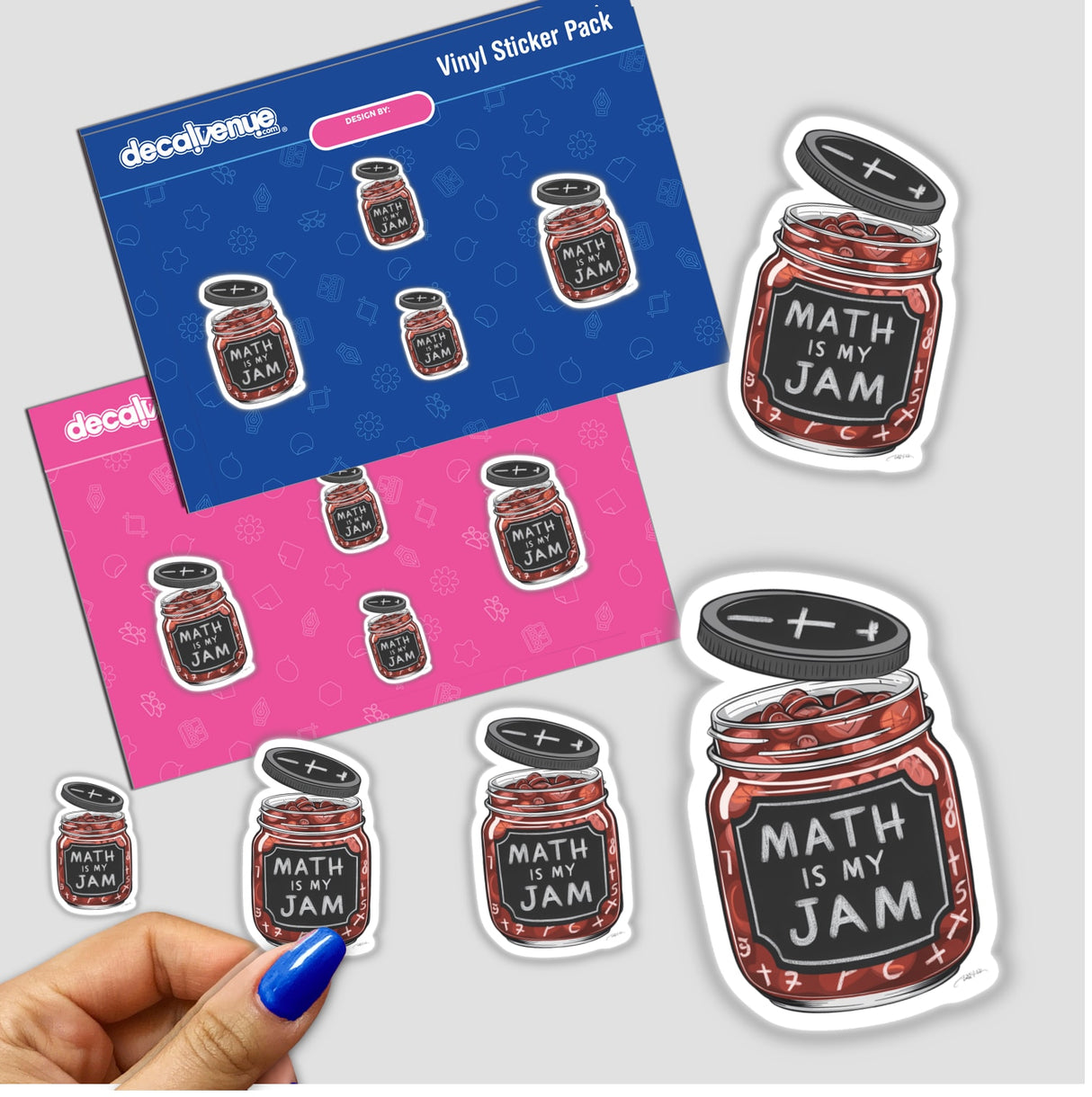 Colorful digital stickers featuring "Math is my Jam" text and jars with jam-like substance, available from DecalVenue store