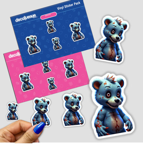 A Macabre Scary Bear sticker featuring a blue bear cartoon with red eyes and blood accents, offered as unique vinyl stickers or digital artwork.