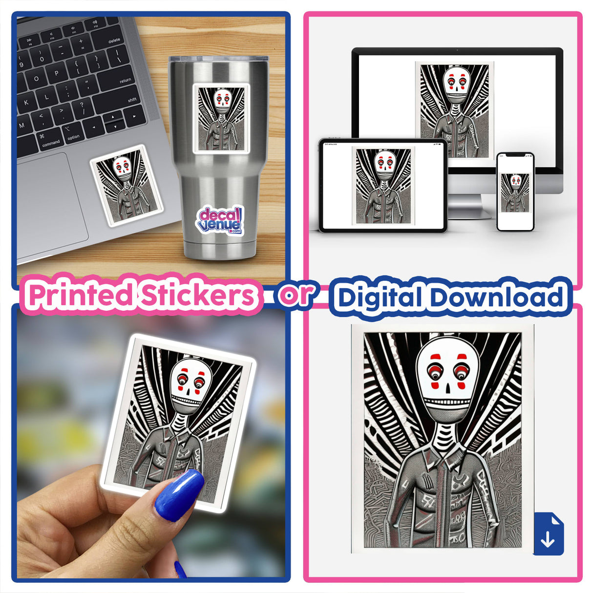 Collage of digital artwork titled Skeleton, featuring a person with a skeleton face, a card with a skeleton head, and various close-ups, available as stickers or digital downloads.