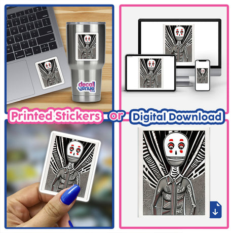 Collage of digital artwork titled Skeleton, featuring a person with a skeleton face, a card with a skeleton head, and various close-ups, available as stickers or digital downloads.