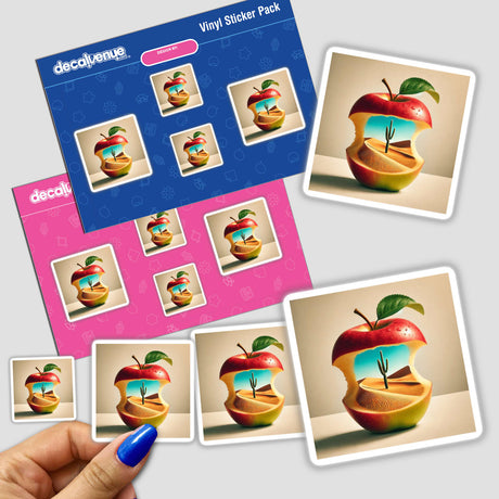 Sticker titled Desert Mirage Sandy Dunes Inside an Apple, depicting a halved apple with an inner desert landscape, available as stickers or digital artwork.