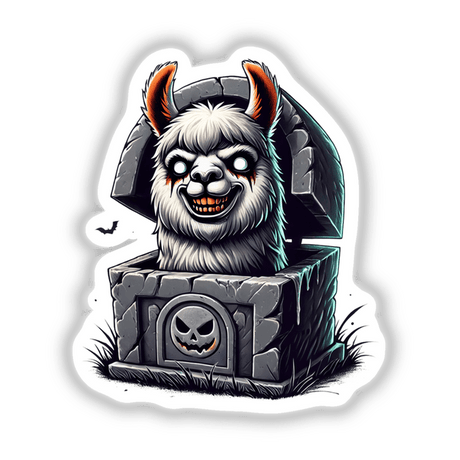 Spooky Halloween llama peeking out of eerie tombstone with creepy expressions and horns.