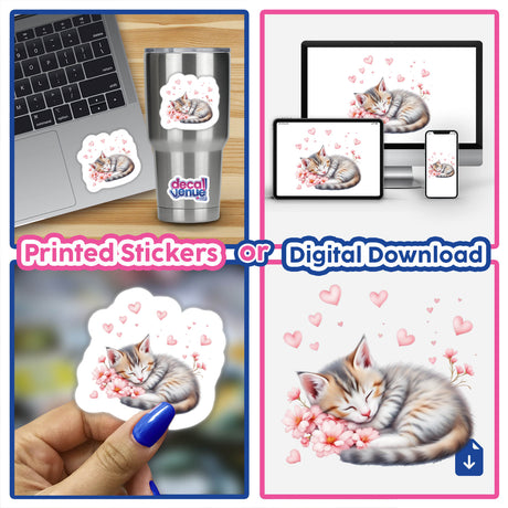 Collage featuring Sleeping Kitten with Hearts stickers, depicting a kitten surrounded by flowers and hearts, suitable for laptops or cups, blending cuteness with digital art from Decal Venue.