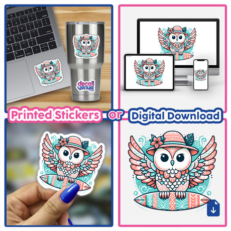 Owl Holding Surfboard in Summer Beach Hat