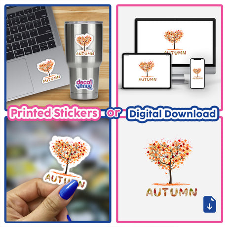Collage featuring the Autumn Tree design on a laptop sticker, showcasing heart-shaped leaves, available as stickers or digital artwork. Ideal for adding a unique touch to tech accessories.
