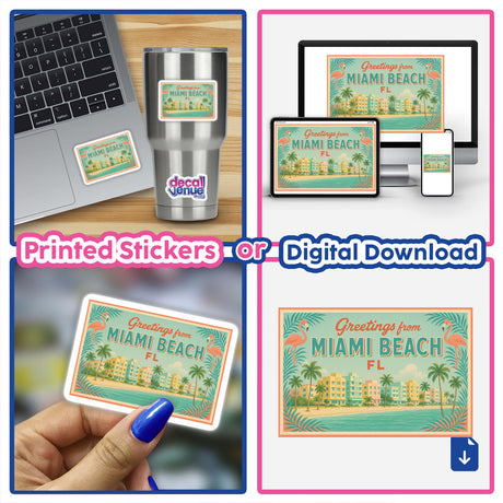 Greetings from Miami Beach Postcard Sticker or Clipart with Commercial Rights - Retro Art Deco Art features a vintage design, ideal for collectors or digital artists seeking unique, nostalgic pieces.