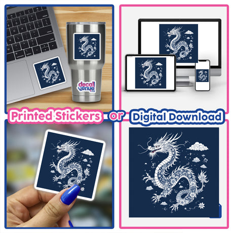 Chinoiserie Dragon featured in a collage, showcasing intricate dragon designs suitable as stickers or digital artwork. Highlights include dragons on a laptop, stainless steel mug, and digital screens.