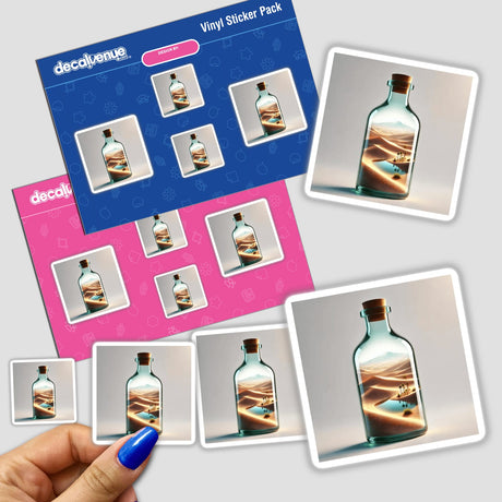 Hand holding a sticker pack titled Desert Mirage - Sand Dunes Inside a Glass Bottle, featuring intricate desert landscapes encapsulated within bottles.