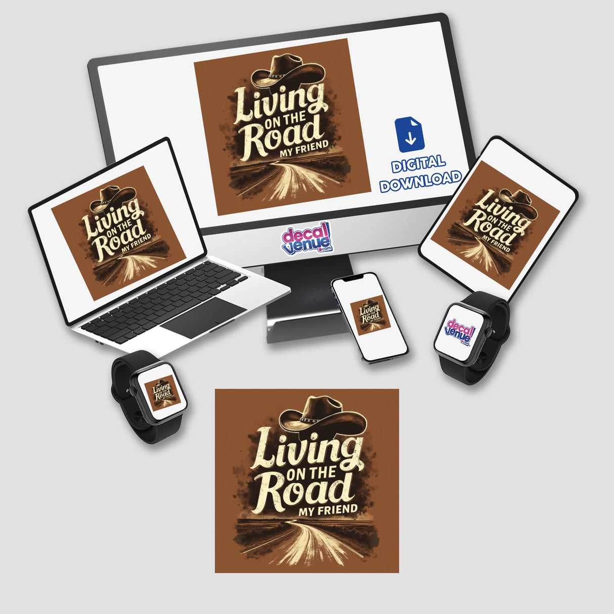 Living on the Road Pancho and Lefty Lyric Typography Sticker or Clipart featuring a cowboy hat design, visible on a laptop and phone, offered with commercial rights.