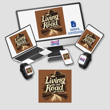 Living on the Road Pancho and Lefty Lyric Typography Sticker or Clipart featuring a cowboy hat design, visible on a laptop and phone, offered with commercial rights.