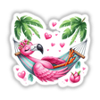 Adorable pink flamingo resting in a hammock surrounded by lush palm trees and heart-shaped accents, creating a whimsical tropical setting.