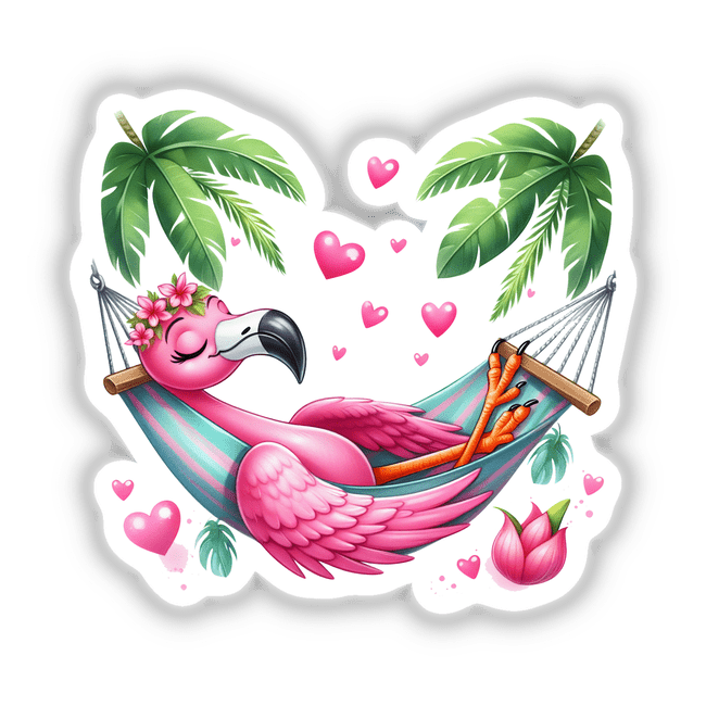 Adorable pink flamingo resting in a hammock surrounded by lush palm trees and heart-shaped accents, creating a whimsical tropical setting.
