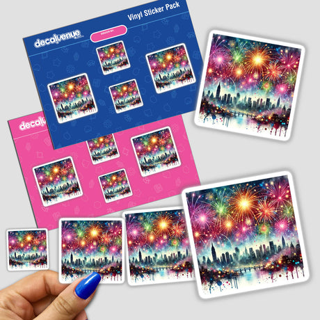 Hand holding a sticker pack titled New Year’s Sparkle - Fireworks Over a Cityscape, featuring vibrant fireworks above a cityscape. Available as stickers or digital artwork from Decal Venue.