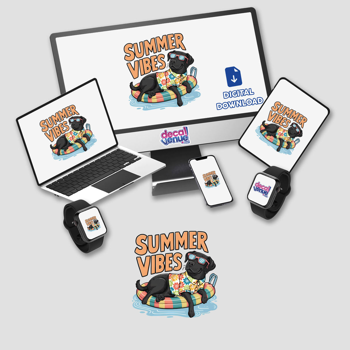 Black Labrador Retriever in a tropical summer setting with floral design, laptops, smartphone, and smartwatch displays - "Summer Vibes Black Lab Labrador Retriever II" digital artwork by Ella Designz for Decal Venue's stickers and digital downloads.