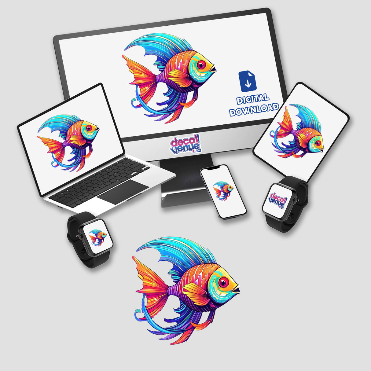 Vibrant digital artwork of a colorful angel fish displayed across multiple digital devices from the Decal Venue online store.