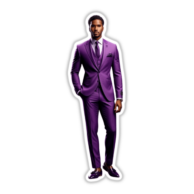 Handsome Male Model in a purple suit, ideal for digital art or vinyl stickers, showcasing modern aesthetics and versatility. Perfect for enhancing creative projects with captivating visuals.