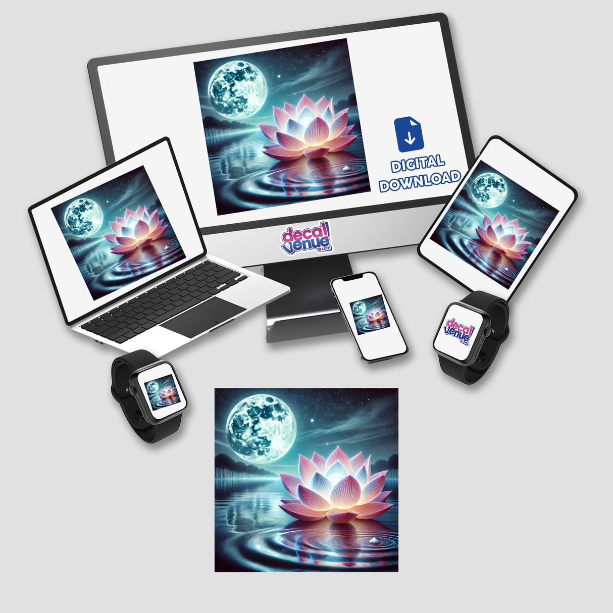 Moonlit Lotus - Radiant Bloom on Still Waters displayed on a computer monitor, laptop, tablet, and phone, highlighting the versatile digital artwork available as stickers or digital prints.