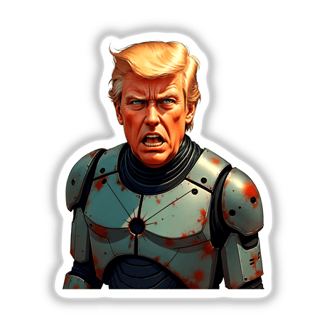 Futuristic President Donald Trump depicted as a cartoon character with distinctive blonde hair and blue eyes, available as stickers or digital artwork from Decal Venue.