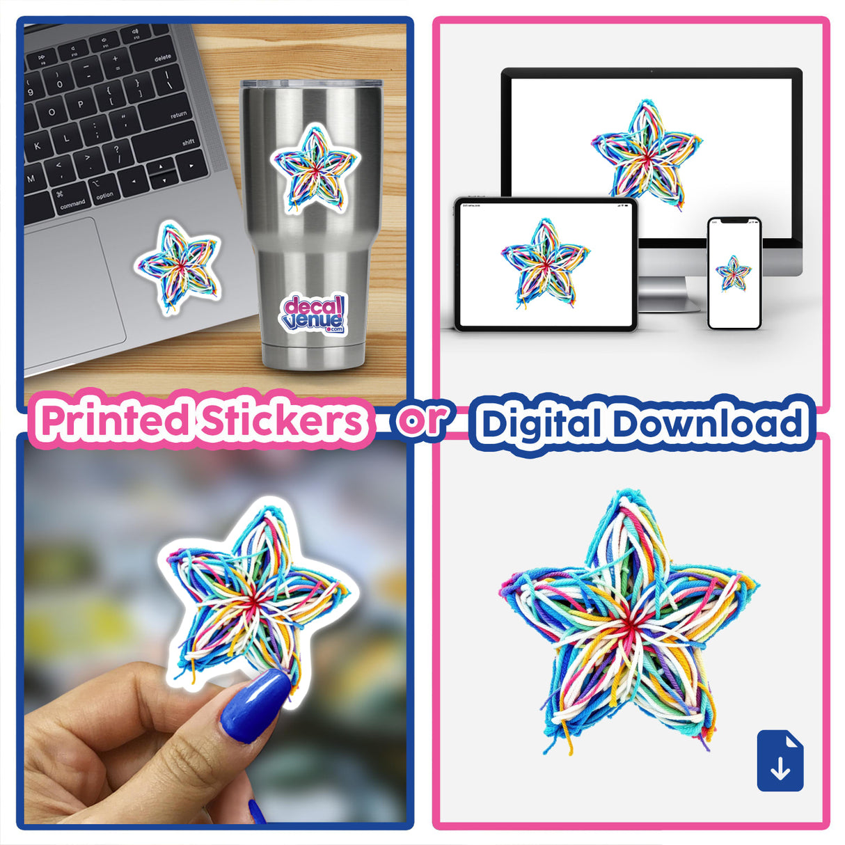 Collage featuring a Yarn Star sticker on a laptop, highlighting intricate yarn patterns, exemplifying Decal Venue's unique sticker and digital art offerings.