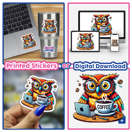 Caffeine Addicted Owl Coffee sticker featuring a cartoon owl at a table with a laptop and coffee cup. Available as stickers or digital artwork.