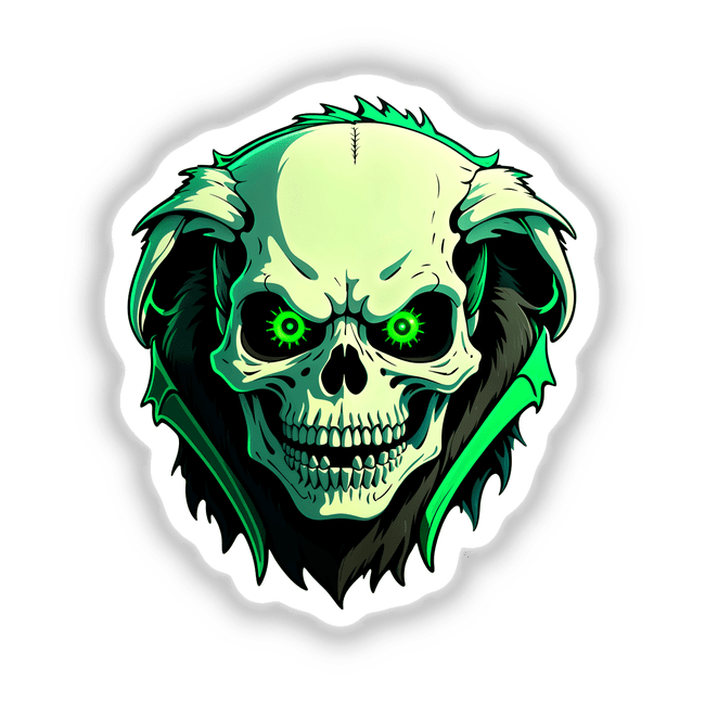 Cartoon illustration of a hybrid human-dog skull with green eyes, available as stickers or digital artwork, highlighting Decal Venue's unique offerings in distinctive and artistic designs.