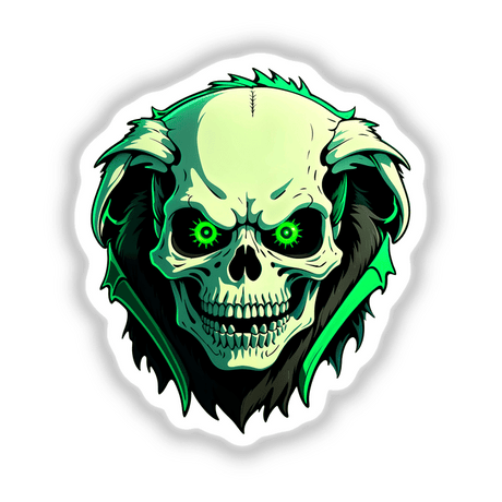 Cartoon illustration of a hybrid human-dog skull with green eyes, available as stickers or digital artwork, highlighting Decal Venue's unique offerings in distinctive and artistic designs.