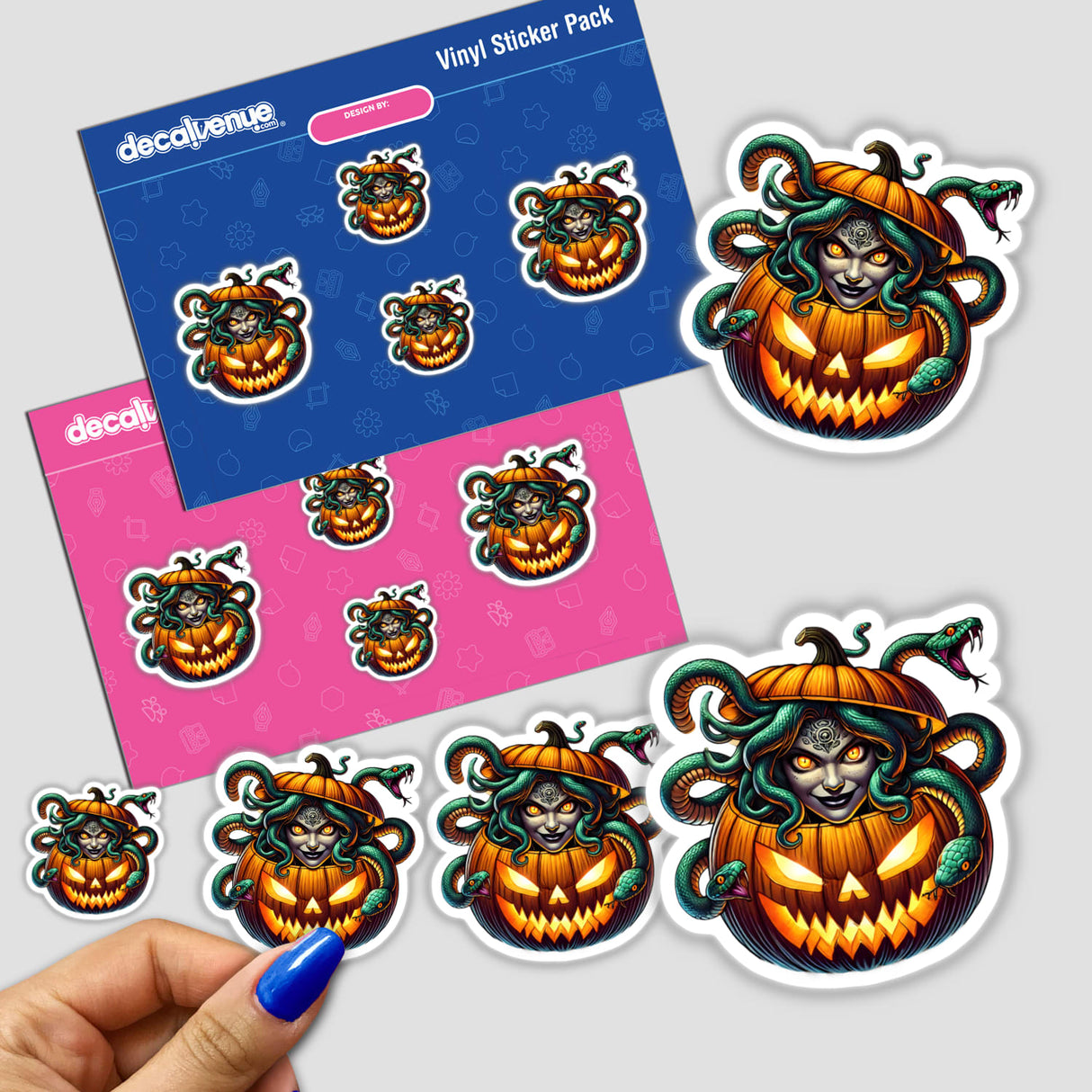 Vibrant Halloween-themed digital art stickers featuring a Medusa-like creature emerging from a carved pumpkin, displayed on a Decal Venue product packaging.