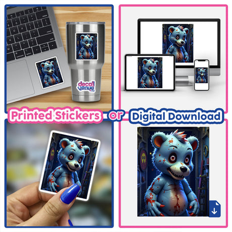 Collage featuring A Macabre Scary Bear cartoon character on various digital devices, available as stickers or digital artwork from Decal Venue, emphasizing unique vinyl sticker designs.