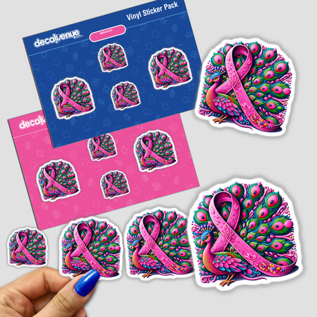 Peacock Pink Ribbon Breast Cancer Awareness sticker featuring intricate pink ribbons intertwined with peacock feathers, ideal for unique vinyl sticker collections or digital art enthusiasts from Decal Venue.