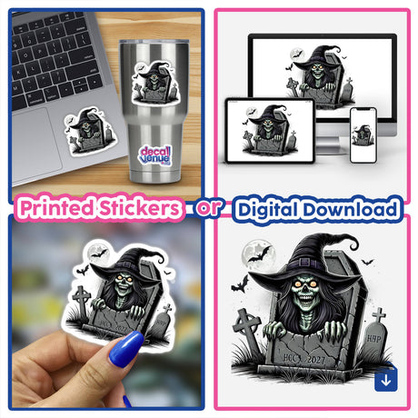 Spooky Halloween witch peeking out of tombstone digital artwork, available as printed stickers or digital download on Decal Venue's online store.