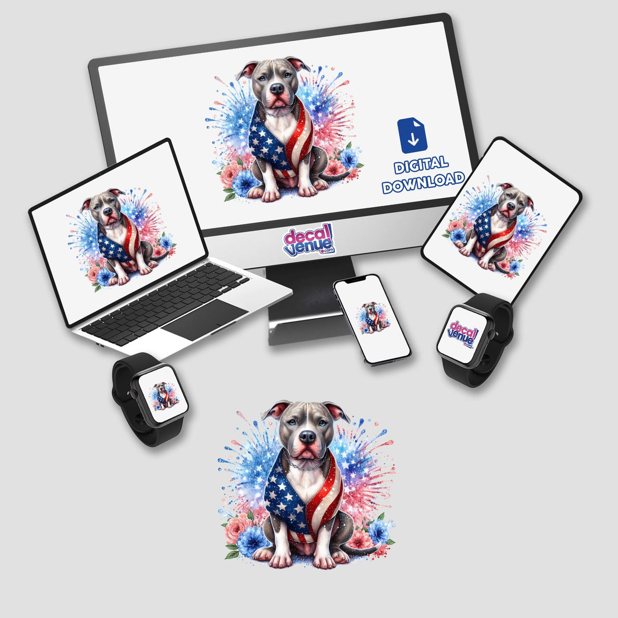 Vibrant American flag-themed Pitbull dog with firework background, digital artwork available for download from Decal Venue, an online store offering unique stickers and designs by talented artists.