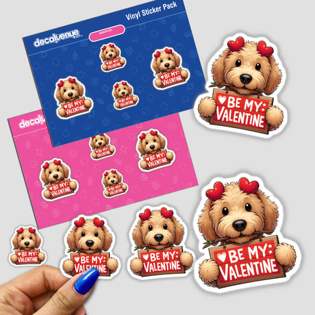 GoldenDoodle Be My Valentine sticker featuring a cartoon dog holding a sign, available as unique vinyl stickers or digital artwork from Decal Venue.
