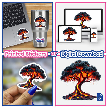Molten Lava Tree artwork collage, featuring stickers and digital art options, depicting a tree with lava emerging. Perfect for laptops or cups, available at Decal Venue.