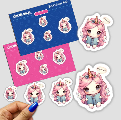 Adorable unicorn-themed stickers featuring cute cartoon characters with colorful hair and whimsical accessories. The stickers are displayed on a pink and blue background, showcasing the diverse design options available.