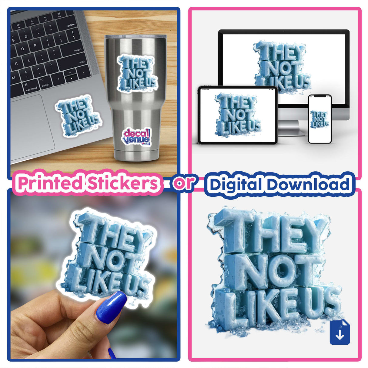 Collage showcasing Crystallized Ice They Not Like Us, featuring a laptop with a unique sticker design, perfect for stickers or digital artwork enthusiasts.